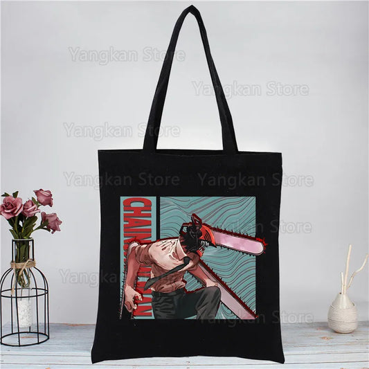 Chainsaw Man Tote Bag – Denji Action Tronçonneuse Fenêtre Brisée Style Cinématique Toile Noire