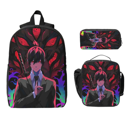 Chainsaw Man Set Sac à Dos –  Aki Néon Glitch Style Futuriste Set 3 Pièces