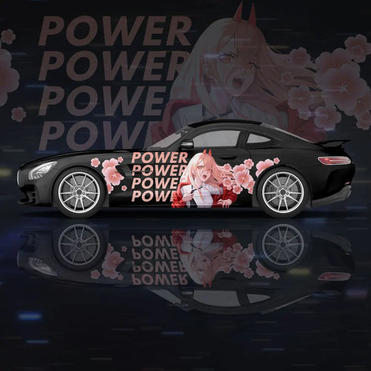 Chainsaw Man Anime Car Wrap – Power Texte Fleurs Roses Décalque Voiture