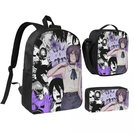 Chainsaw Man Set Sac à Dos – Reze Violet Horreur Style Sombre Set 3 Pièces