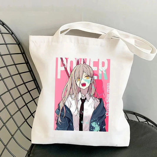 Chainsaw Man Tote Bag – Power Portrait Fond Rose Magazine Style Couverture Toile Blanche