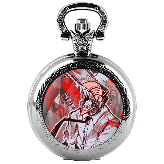 Chainsaw Man Montre de Poche Vintage – Denji Devil Rouge et Blanc Style Gothique Argent