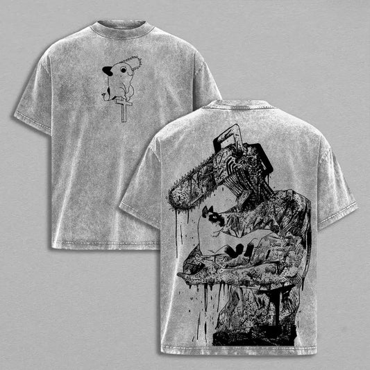Chainsaw Man T-Shirt Graphique – Denji Croquis Édition Grise Délavée