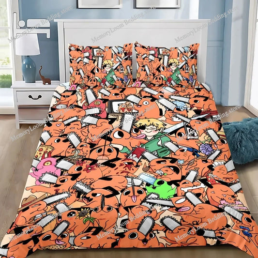 Chainsaw Man Parure de Lit Couette & Taies – Pochita Multi-Motifs Édition Orange