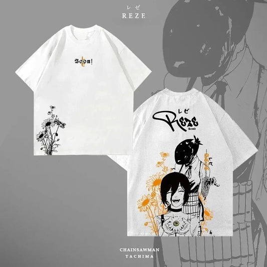 Chainsaw Man T-Shirt Graphique – Reze Fleurs Édition Blanche