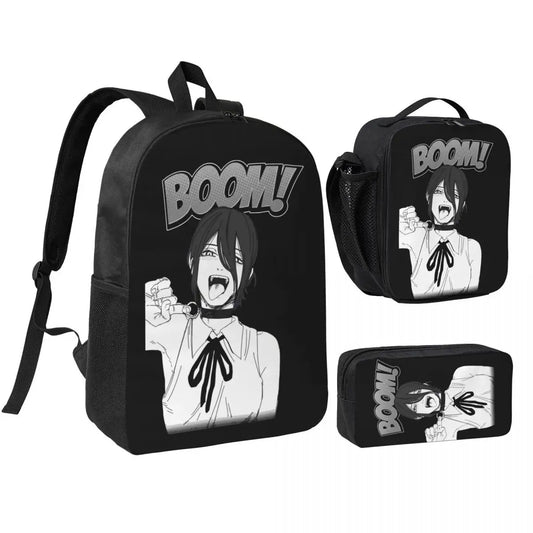 Chainsaw Man Set Sac à Dos – Reze Explosion BOOM Noir et Blanc Style Comique Set 3 Pièces