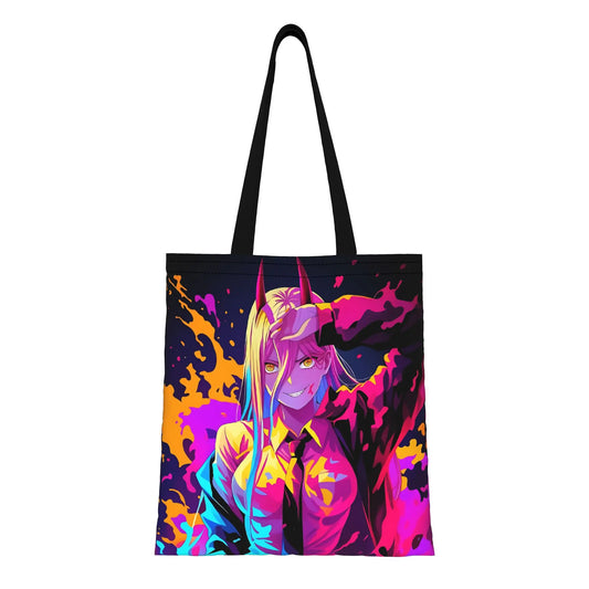 Chainsaw Man Tote Bag – Power Silhouette Violet Néon Style Pop Art Explosif Toile Noire