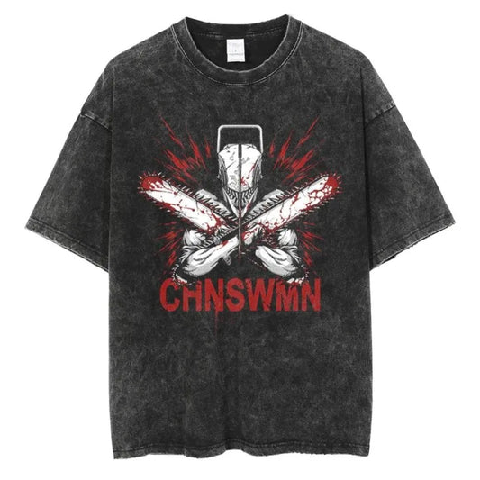 Chainsaw Man T-Shirt Délavé – Tronçonneuses Croisées Édition Vintage Rouge