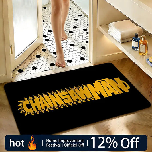 Chainsaw Man Tapis de Bain Antidérapant – Logo Doré Édition Noire