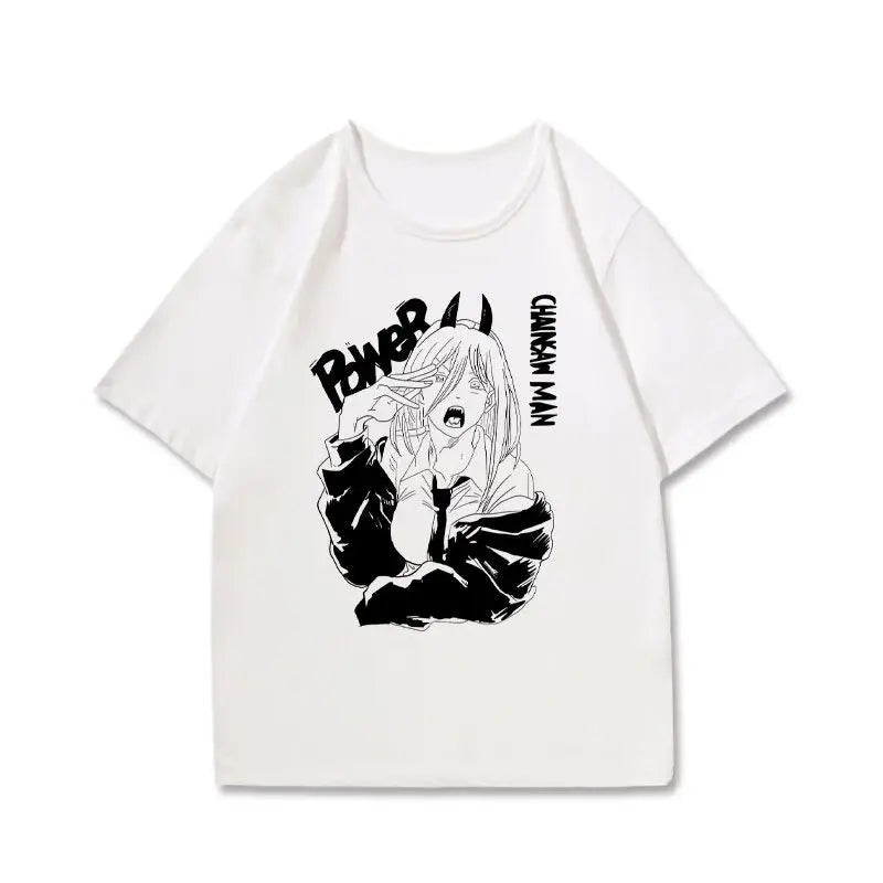Chainsaw Man T-Shirt Graphique – Power Cornes Édition Blanche