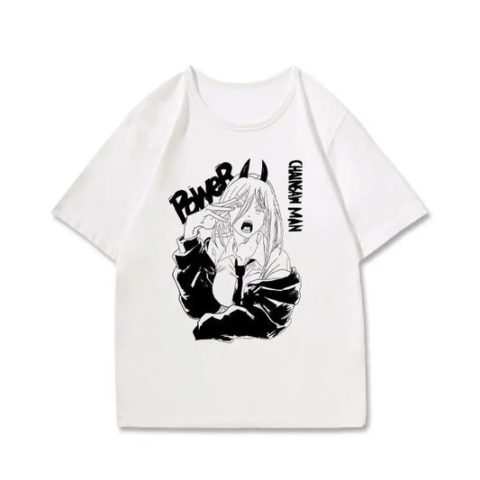 Chainsaw Man T-Shirt Graphique – Power Cornes Édition Blanche