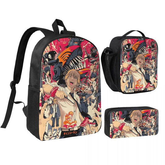 Set de Mochila Chainsaw Man – Grupo de Personajes Collage Estilo Vintage Manga Set de 3 Piezas