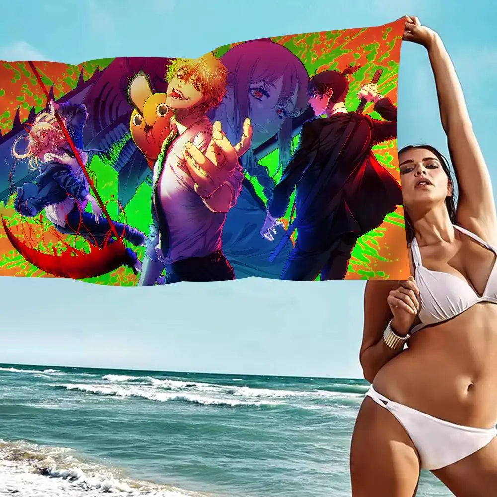 Chainsaw Man Beach Towel – Denji Aki Power Neon Green Vibrant Style