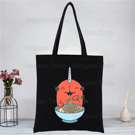 Chainsaw Man Tote Bag – Pochita Bol Ramen Lune Rouge Illustration Kawaii Japonaise Toile Noire