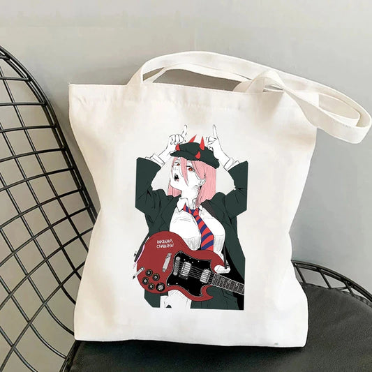 Chainsaw Man Tote Bag – Power Portrait Dynamique Tronçonneuse Fond Blanc Toile Blanche
