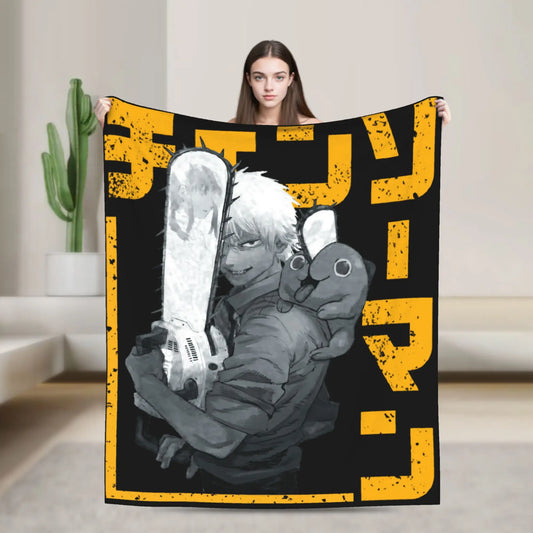 Chainsaw Man Plaid Couverture – Denji & Pochita Style Noir et Or
