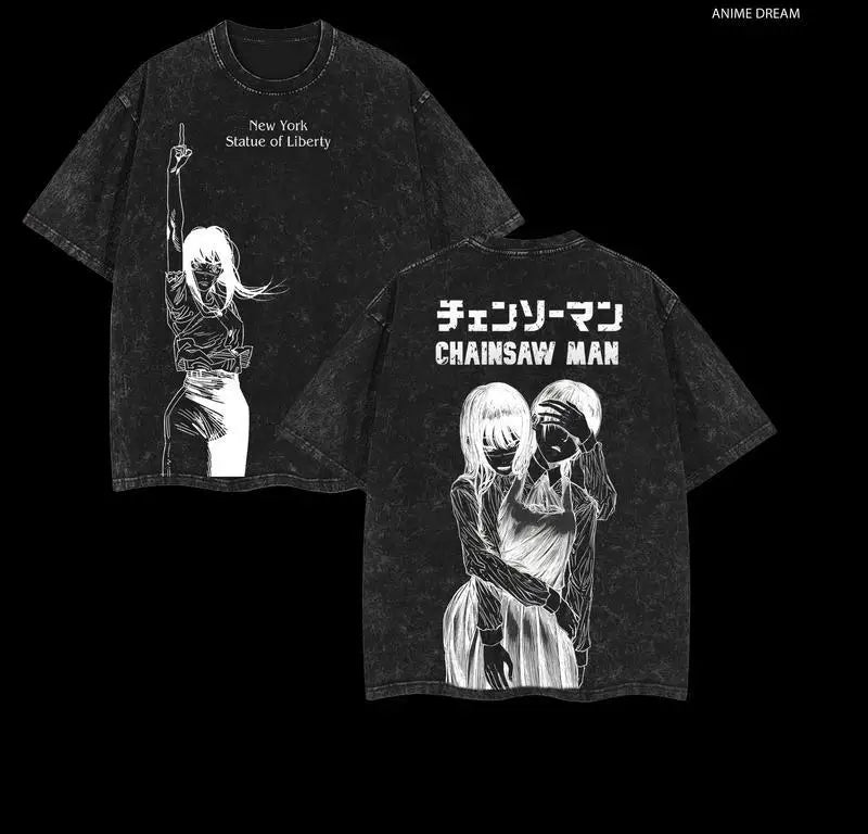 Camiseta Gráfica Chainsaw Man – Asa Mitaka & Yoru Edición Negra