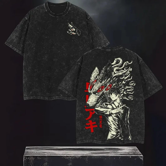 Chainsaw Man T-Shirt Graphique – Aki Hayakawa Diable Édition Noire Délavée