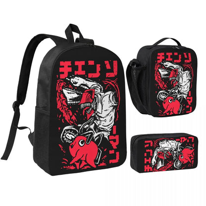 Chainsaw Man Backpack Set - Denji Red and White Graphic Style 3 Piece Set
