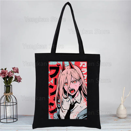Chainsaw Man Tote Bag – Power Portrait Coloré Rose et Rouge Encadré Style Manga Toile Noire