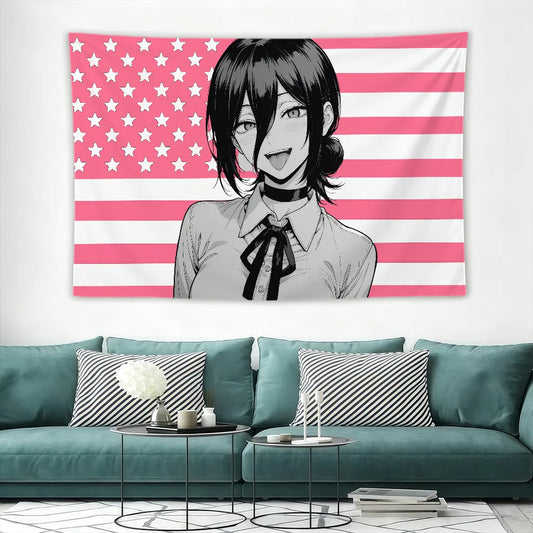 Chainsaw Man Tapisserie Murale – Reze Drapeau Américain Rose
