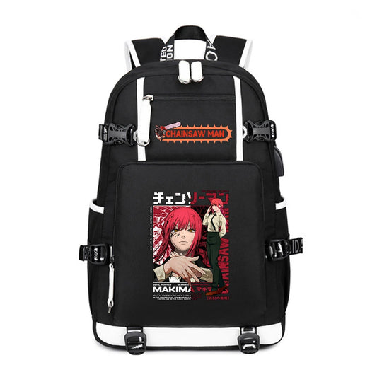 Chainsaw Man Sac à Dos – Makima Portrait Cheveux Roux Kanji Japonais Grande Capacité Oxford Noir