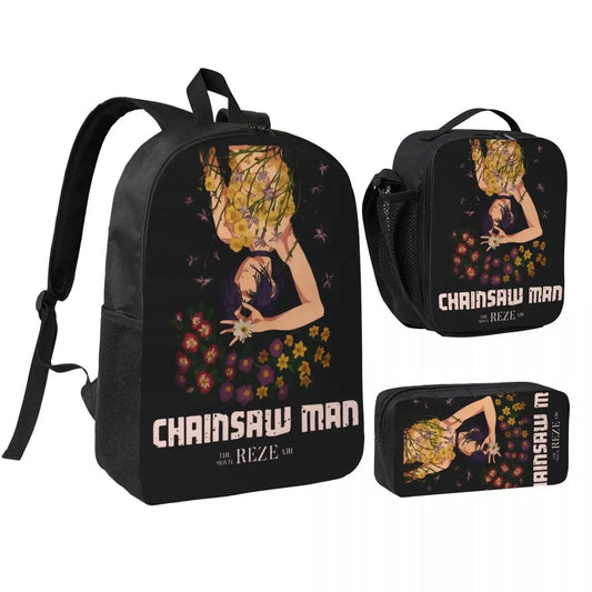 Chainsaw Man Set Sac à Dos – Reze Fleurs Noir et Doré Style Élégant Set 3 Pièces