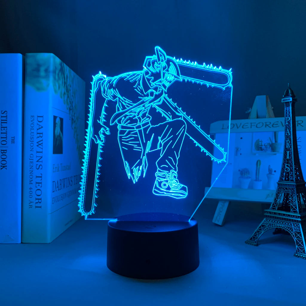Chainsaw Man Lampe LED 3D – Denji Tronçonneuse Édition Néon Bleu