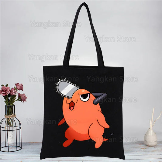 Chainsaw Man Tote Bag – Pochita Géant Orange Kawaii Illustration Ronde Toile Noire