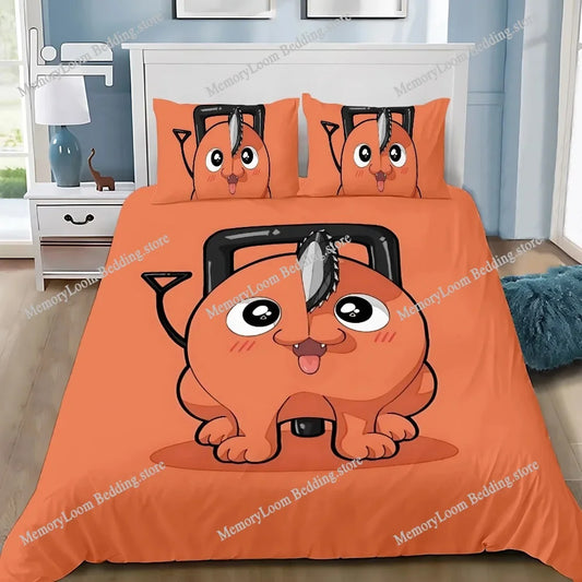 Chainsaw Man Parure de Lit Couette & Taies – Pochita Motif Orange Édition Mignonne