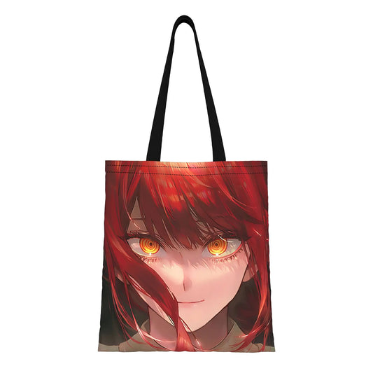 Chainsaw Man Tote Bag – Makima Portrait Rapproché Cheveux Roux Fond Sombre Toile Noire
