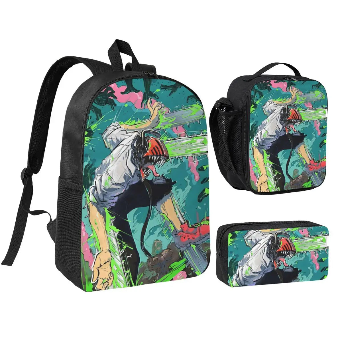 Chainsaw Man Backpack Set - Denji Combat Green and Pink Graphic Style 3 Piece Set