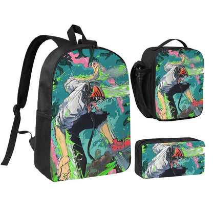 Chainsaw Man Backpack Set - Denji Combat Green and Pink Graphic Style 3 Piece Set