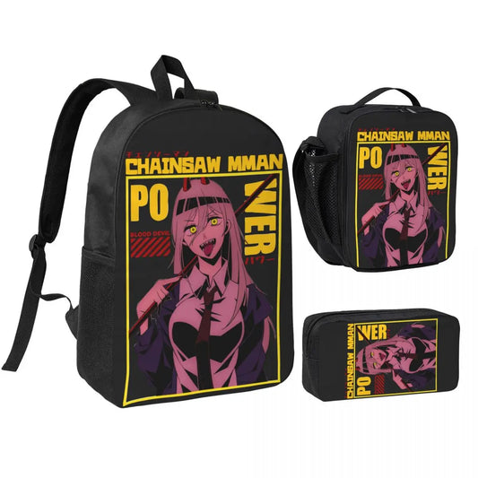 Chainsaw Man Set Sac à Dos – Power Jaune et Noir Logo Chain Saw Man Style Bold Set 3 Pièces