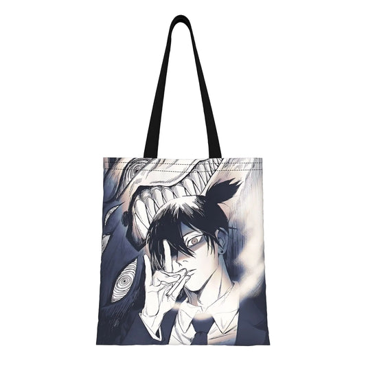 Chainsaw Man Tote Bag – Aki Hayakawa Portrait Chapeau Renard Noir et Blanc Style Manga Toile Noire