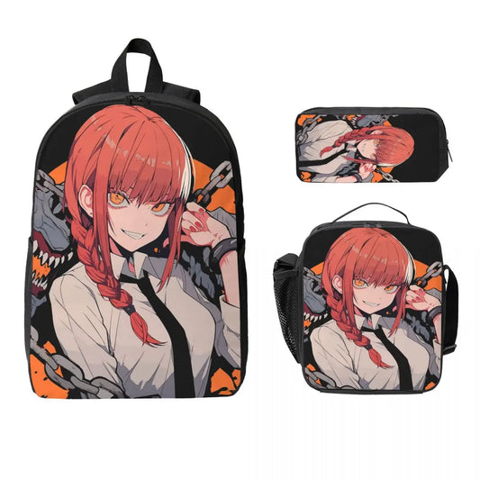 Set de Mochila Chainsaw Man – Makima Sonrisa Diabólica Negro y Beige Set de 3 Piezas