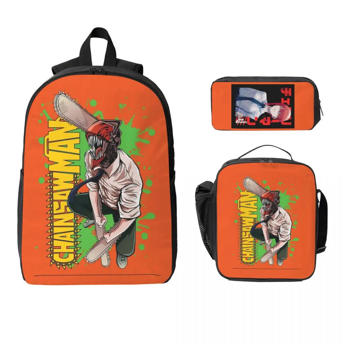Chainsaw Man Backpack Set - Denji Orange Splash Style Action 3-Piece Set
