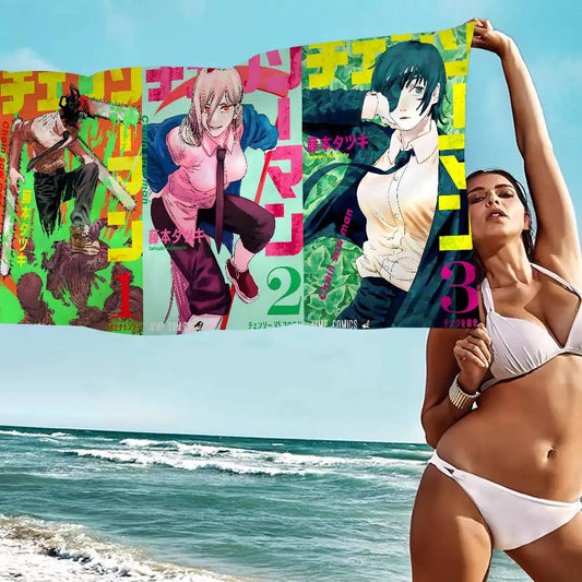 Chainsaw Man Serviette de Plage – Groupe Personnages Couvertures Manga Style Collage