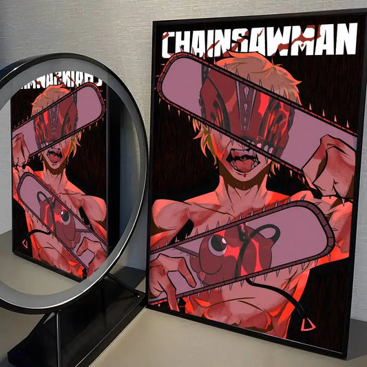 Chainsaw Man Affiche Poster – Denji Tronçonneuse Rose Édition Sombre