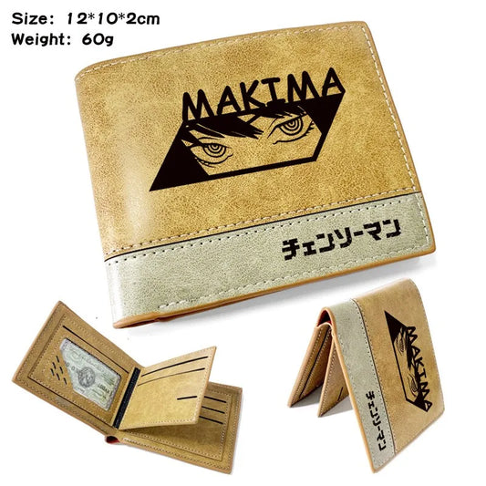 Cartera Chainsaw Man – Makima Nombre y Retrato Mirada Intensa Tipografía Japonesa Cuero Beige