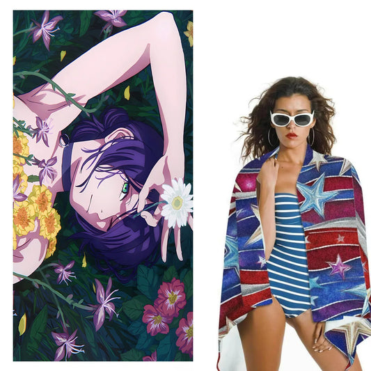 Chainsaw Man Serviette de Plage – Reze Fleurs Jaune et Violet Style Doux