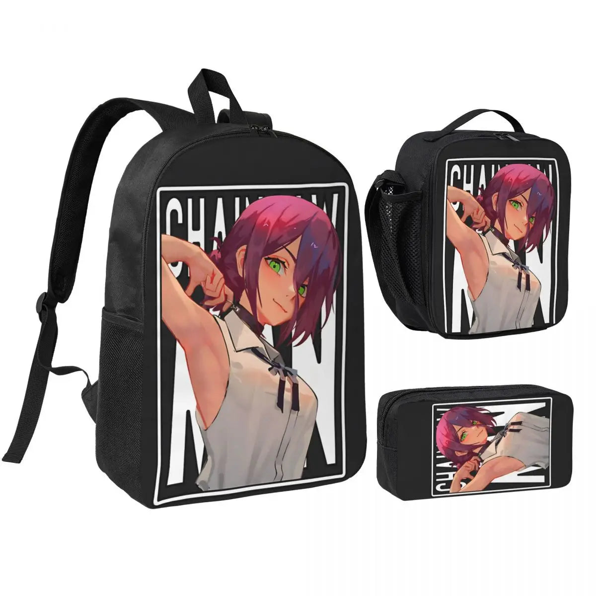 Chainsaw Man Set Sac à Dos – Cheveux Roses Noir et Blanc Style Manga Set 3 Pièces