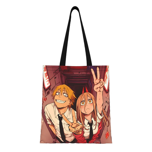 Chainsaw Man Tote Bag – Denji et Power Duo Signe de Victoire Tons Chauds Style Amical Toile Noire