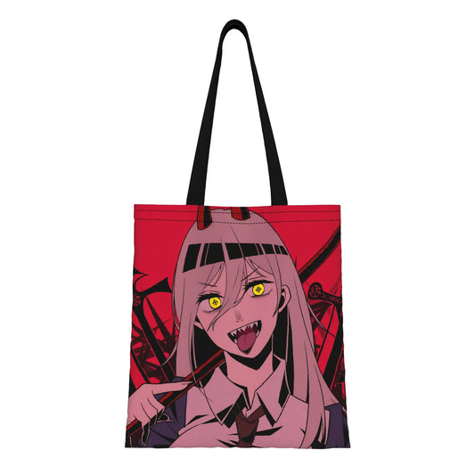 Chainsaw Man Tote Bag – Power Portrait Regard Intense Yeux Jaunes Fond Rose Toile Noire