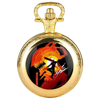 Chainsaw Man Montre de Poche en Verre – Denji Devil Combat Style Doré Élégant