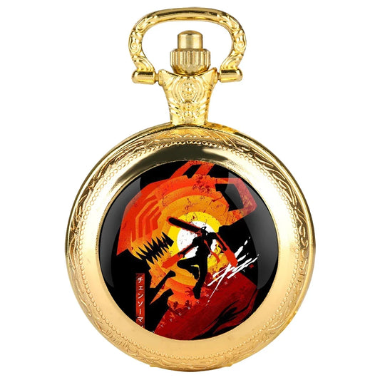 Chainsaw Man Montre de Poche en Verre – Denji Devil Combat Style Doré Élégant
