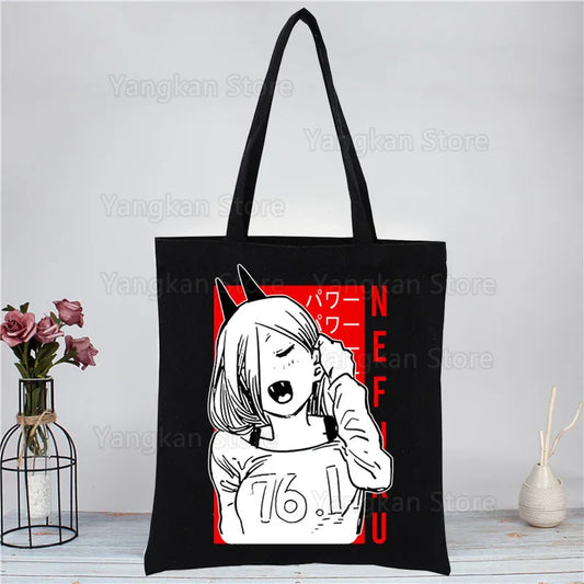 Chainsaw Man Tote Bag – Power Cri Expressif Numéro 76 Style Grunge Rouge Toile Noire