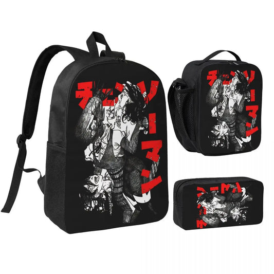 Chainsaw Man Set Sac à Dos – Denji Combat Noir et Blanc Style Manga Set 3 Pièces