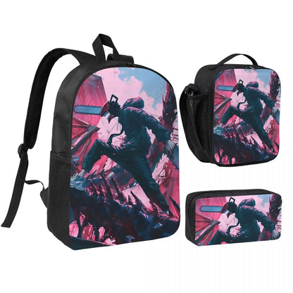 Chainsaw Man Backpack Set - Denji Devil Combat Pink and Blue Dark Style 3-Piece Set