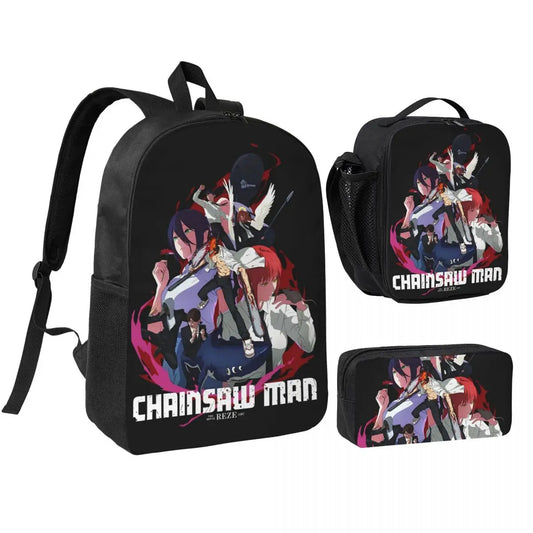 Mochila Chainsaw Man - Dúo Personajes Tipografía Negrita Set de 3 Piezas de Chainsaw Man